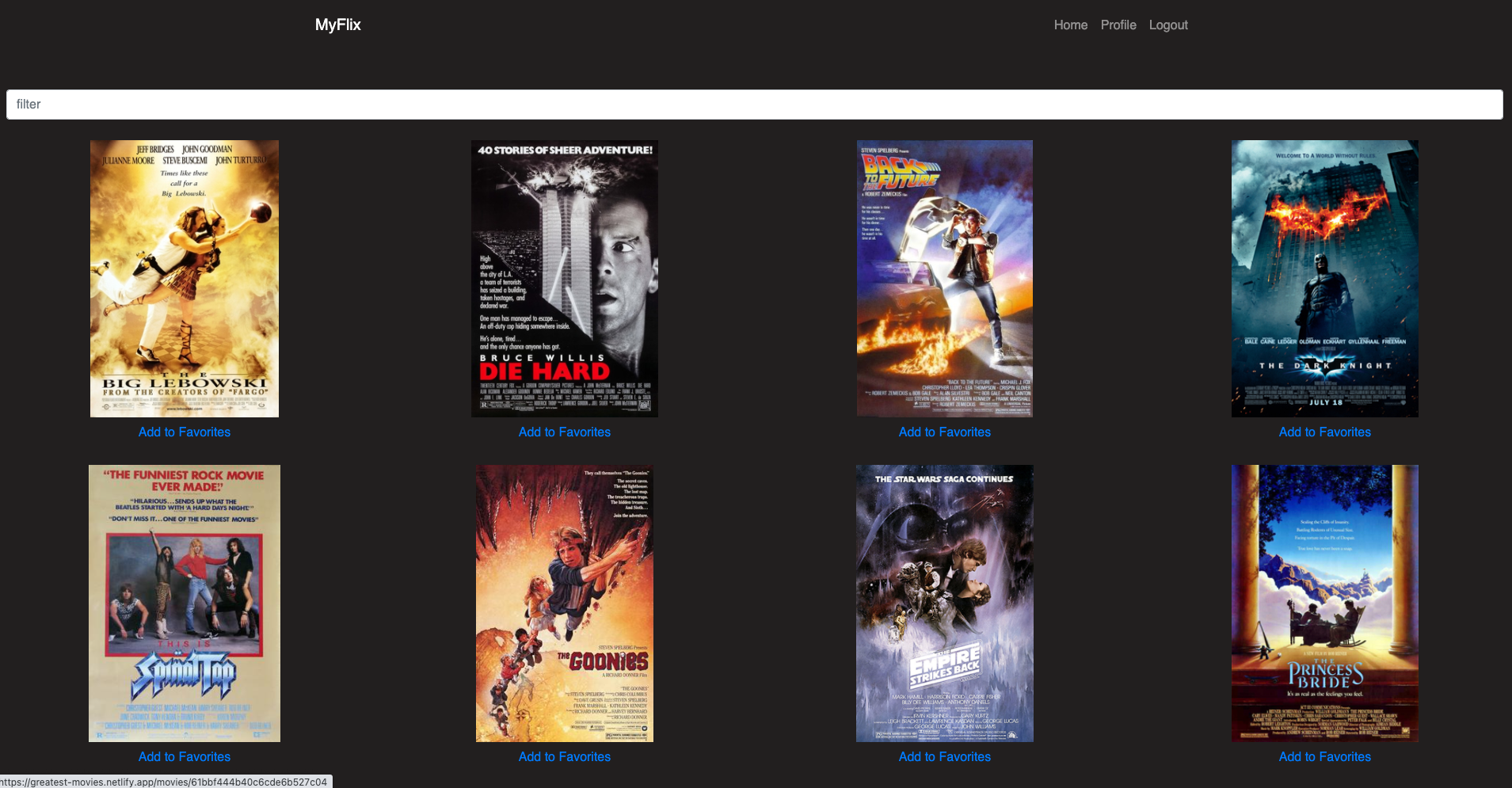 screenshot of myFlixClient homepage