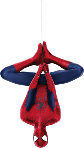 spiderman hanging upside down from logo